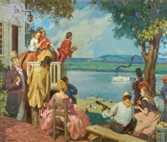 Multiple figures overlooking a river with paddlewheel boat - John M. Heller