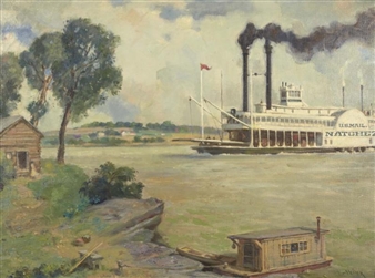 A river scene featuring a steamboat and small boats on the water with a rustic cabin on the bank.