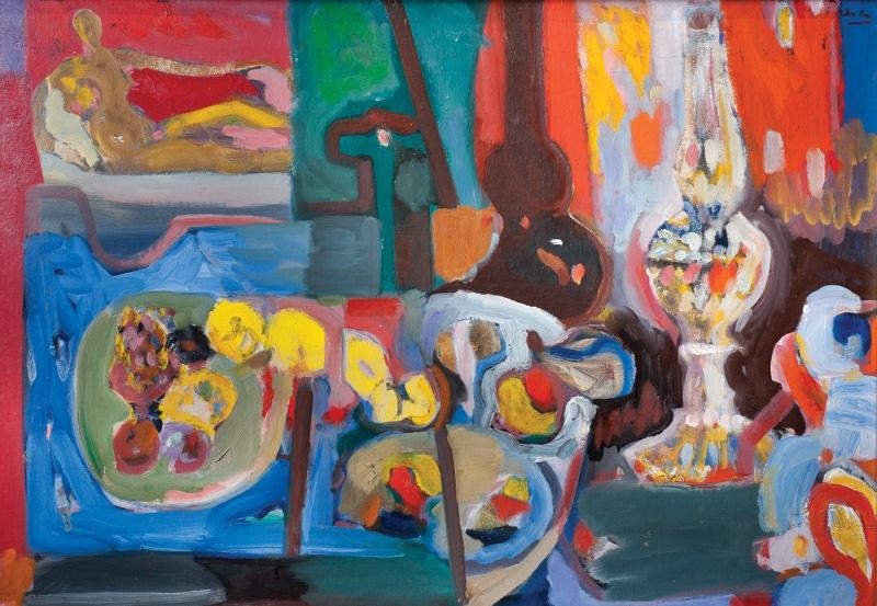 Artwork by Leopoldo Presas, Interior con farol a mantilla, Made of Oil on cardboard