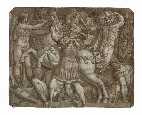 A design for a frieze of an equestrian battle, with fallen soldiers by Italian School, 16th Century, 16th Century
