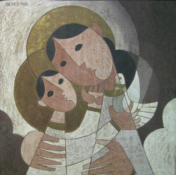 Artwork by Jose Illa Desetvin, Two figures with bird, Made of painting on masonite