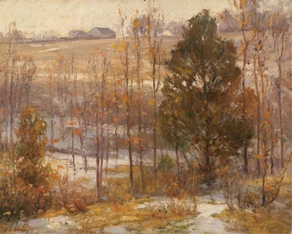 Winter landscape with distant farmhouse by John E. Bundy