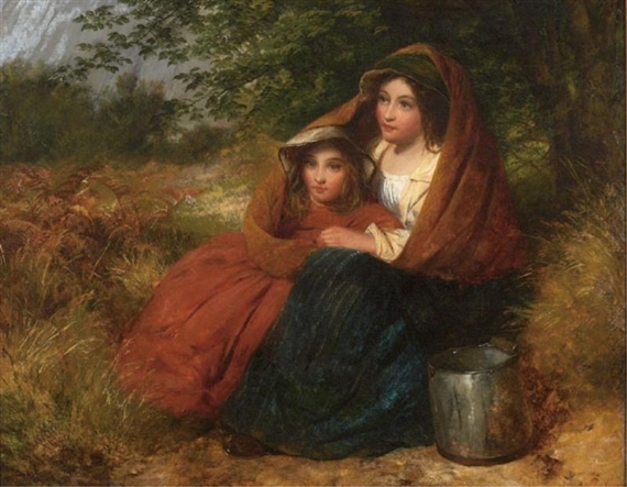 A young woman and child resting on a grassy hillside by Edward John Cobbett
