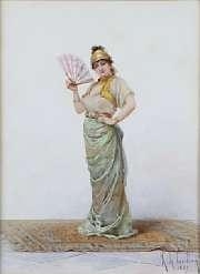 Artwork by Louis Robert de Cuvillon, A girl with a fan; A girl with a flute, Made of watercolor on board