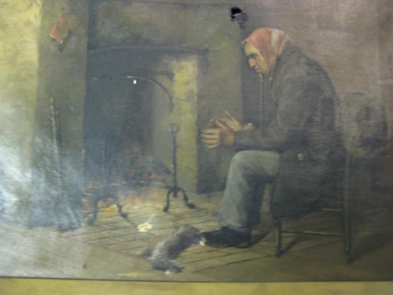 Interior scene with man seated in front of a hearth with a dead rabbit at his feet by Paul Harney, 1895