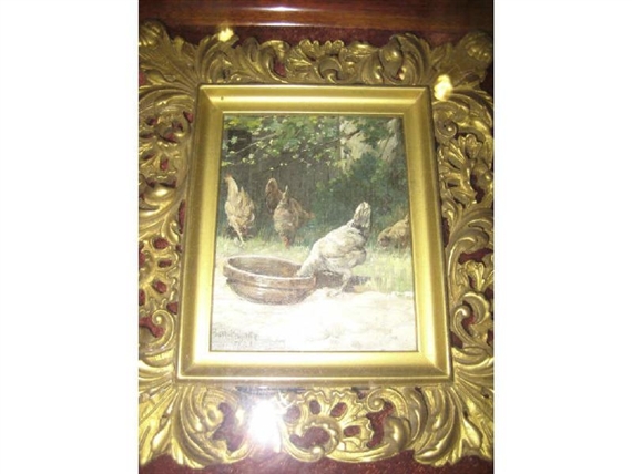 Chickens feeding in a landscape by Paul Harney, 1898