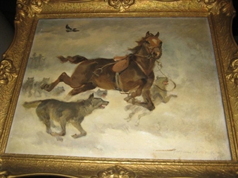 Horse running with wolves in a snowy landscape - Jan Marian Nowicki