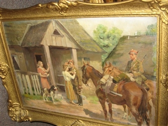 Men in uniform on horseback saying farewell to their wives - Jan Marian Nowicki