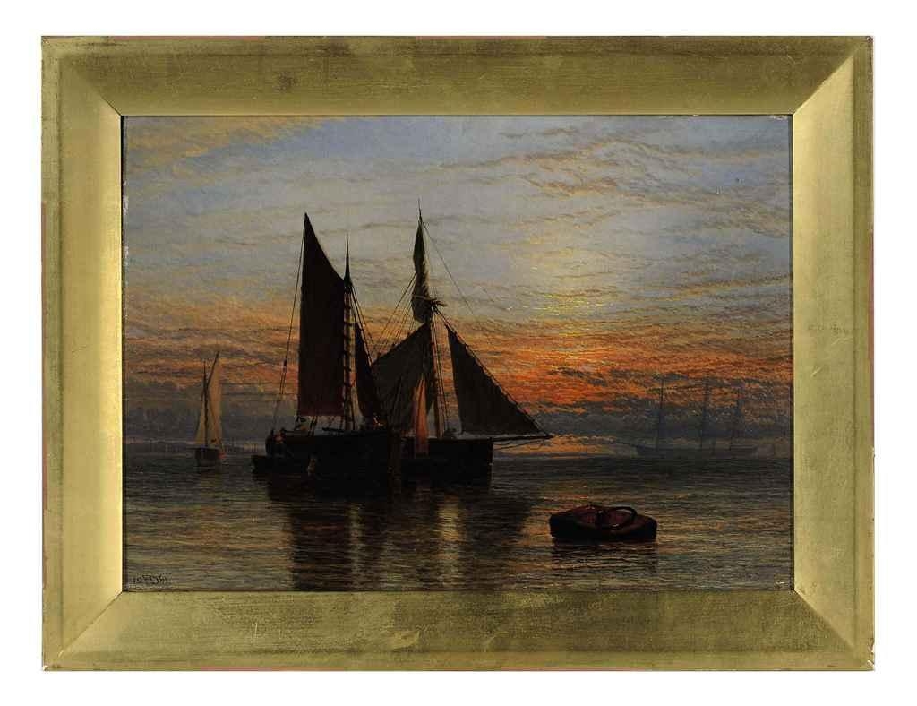 Shipping on a calm sea at dusk by Henry Dawson, 1861