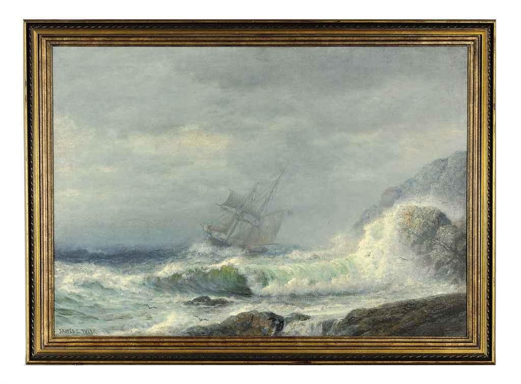 Artwork by James Gale Tyler, A ship off a rocky coast in a storm, Made of oil on canvas