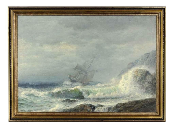 A ship off a rocky coast in a storm by James Gale Tyler