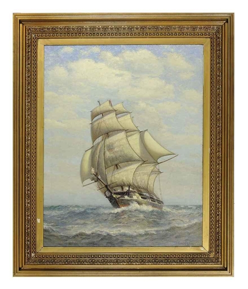 A square rigged ship at sea by James Gale Tyler, 1900