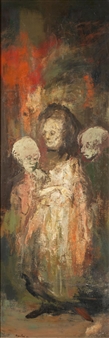 A haunting oil painting of a central figure flanked by two smaller, ghostly heads against a fiery background.
