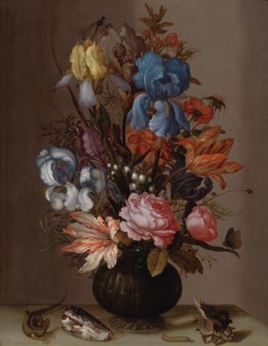 A still life of tulips, roses, irises, lily-of-the-valley, African marigolds and other flowers in a gold-mounted vase, with a lizard, a caterpillar and sea shells by Balthasar van der Ast