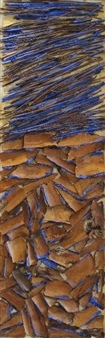 A vertical abstract composition featuring a chaotic arrangement of brown, rectangular shapes against a blue background.