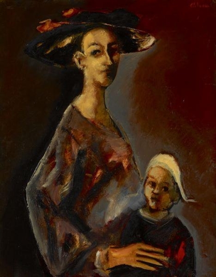A portrait of a woman in a wide-brimmed hat holding a small child against a deep red background.