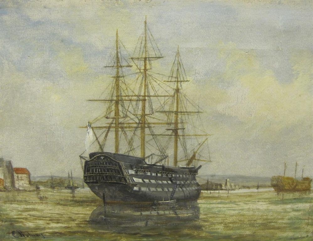 Artwork by E. Robins, HMS Victory at Portsmouth harbour, Made of oil on canvas