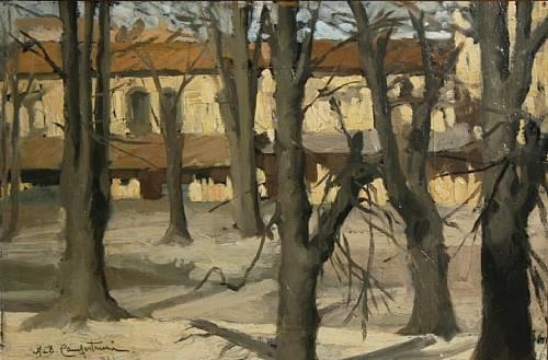 2 works: Trees in winter; Houses in snow by Alcide Ernesto Campestrini