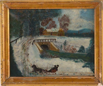 Winter Landscape with Bridge and Figures in Sleigh - George Neet