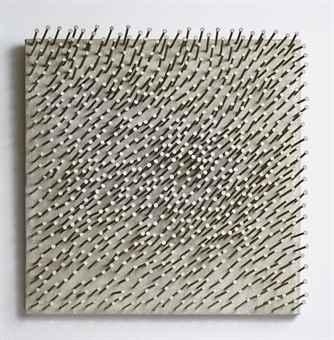Artwork by Günther Uecker, Untitled, Made of kaolin and painted nails on canvas laid down on board