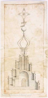 A detailed architectural sketch of an ornate tower topped with a decorative cross and sphere.
