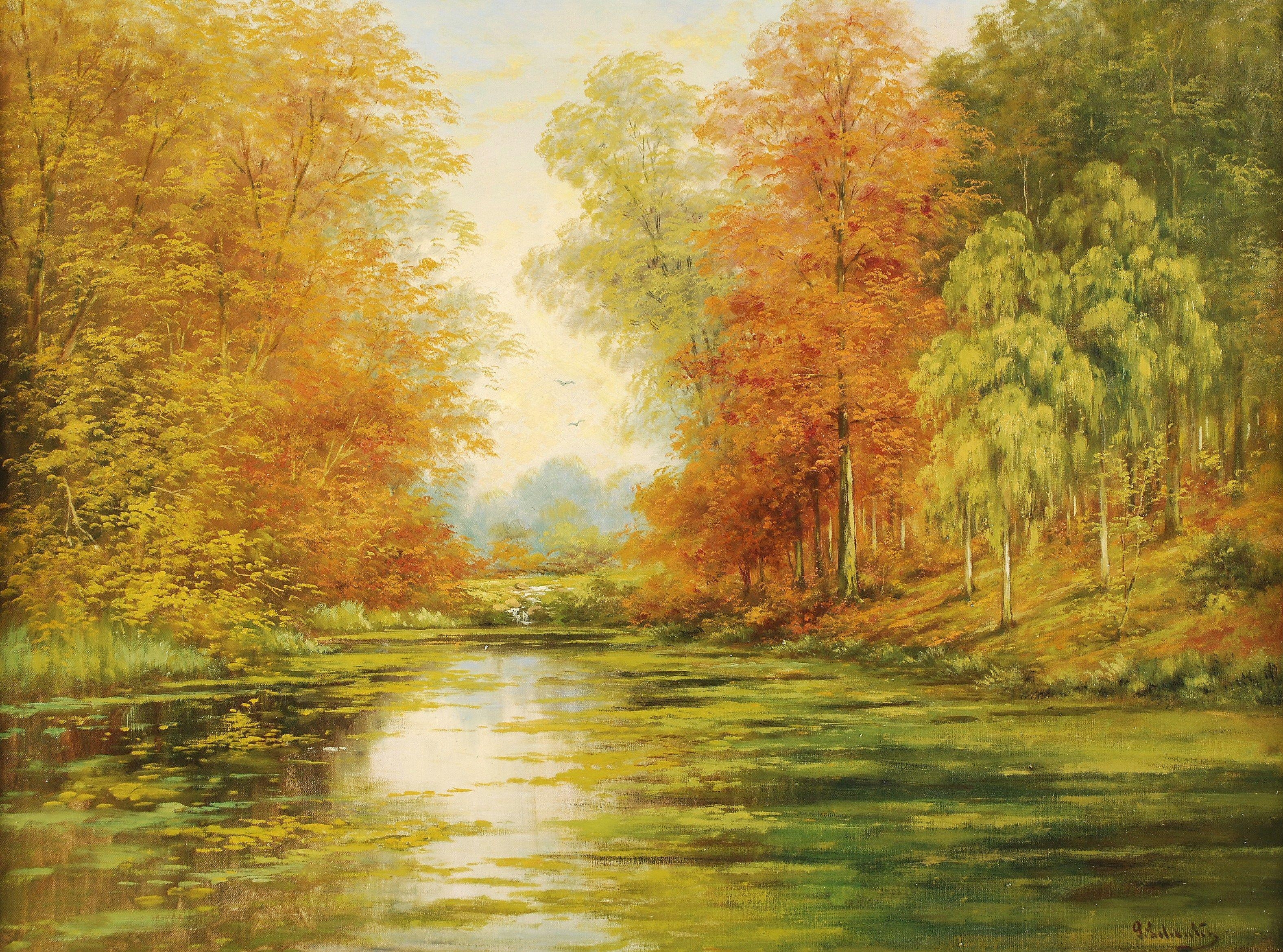 Autumnal lake landscape by Continental School, 20th Century, 20th century