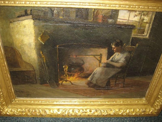 Woman seated beside a hearth by Paul Harney, 1912