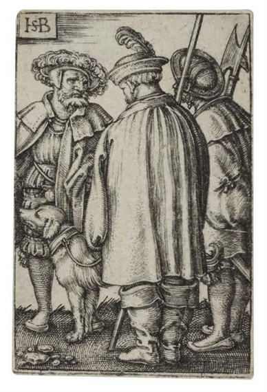 Two engravings: Three Soldiers and a Dog; Guards near the Powder Casks by Hans Sebald Beham, circa 1540