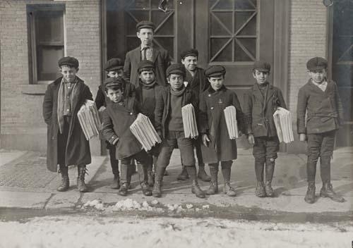 Winter scene with newsboys