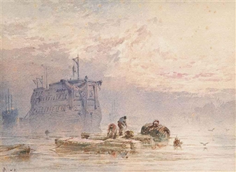 2 works: A breezy day with fisherfolk on the foreshore; Hulks at anchor, sunset (illustrated) - William Cook of Plymouth