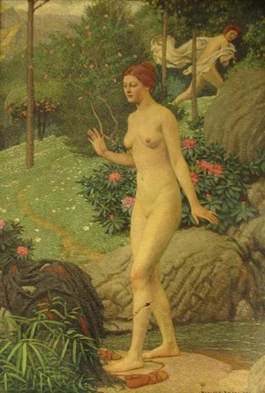 A nude female figure stands in a lush garden with another person visible in the background.