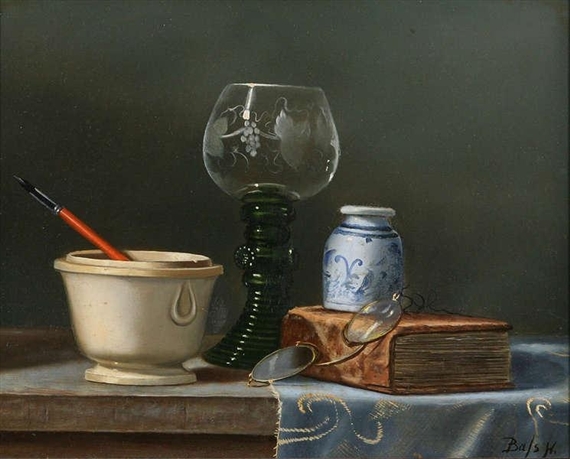 Still life with rummer, pencil pot and book - Hilaire Bash