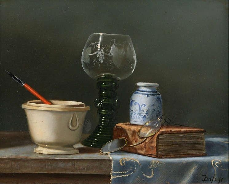 Artwork by Hilaire Bash, Still life with rummer, pencil pot and book, Made of Board