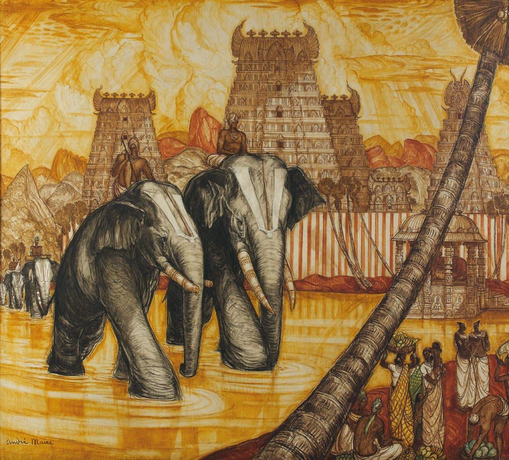 Artwork by André Maire, Cornacs devant Hindh, Made of Oil on canvas