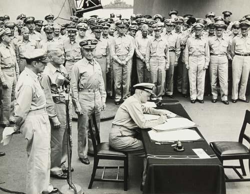 Admiral Nimitz, U. S. Representative, Signing the Instruments of Surrender aboard the U. S. S. Missouri by Arthur Rickerby, 1945
