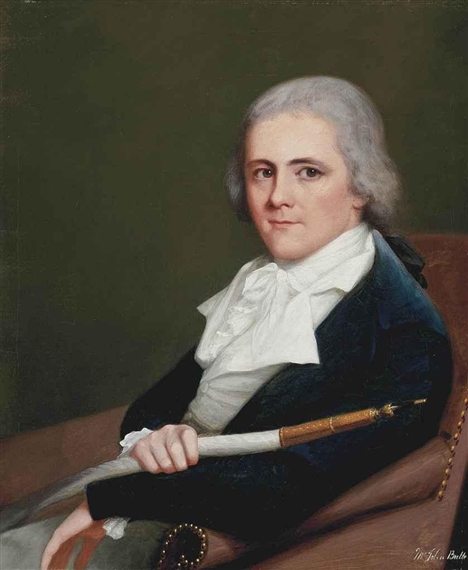 Portrait of John Buller of Trenant, Cornwall (c.1760-1807), half-length, in a blue jacket, sitting in an armchair, holding a shisha pipe by Robert Home