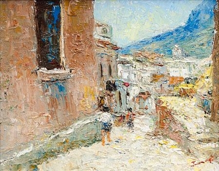 District 6 street scene with figures & buildings by Sydney Jennings