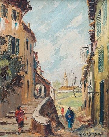 Spanish townscape with figures & distant church