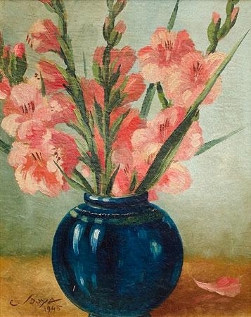 Still life with Gladioli in a blue pot