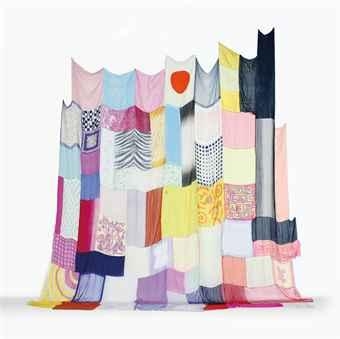 Artwork by Jim Hodges, Here's Where We Will Stay, Made of printed nylon, painted chiffon and silk head scarves with thread, embroidery and sequins