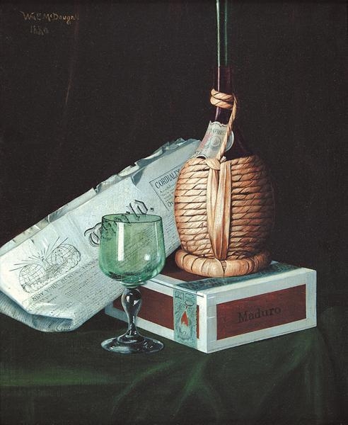 Artwork by W.E. Mac Dougal, Still Life with Wine, Glass, Cigars & Newspaper