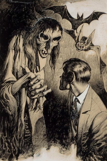 Artwork by Edd Cartier, Confronting the Witch, pulp magazine interior story illustration, Made of Ink and conte crayon on board
