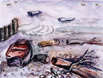 BOAT AND TIDAL FLOTSAM ON STRAND - Moila Powell
