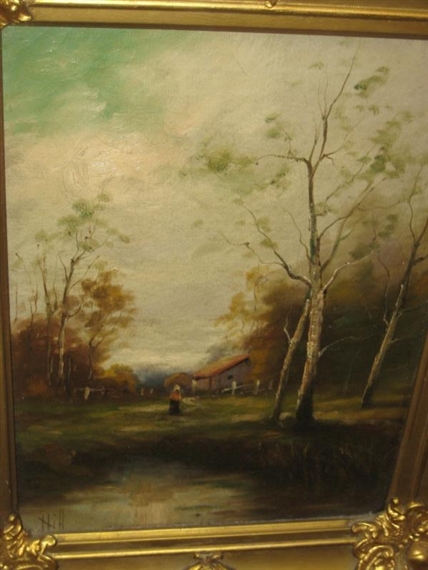 2 works: Landscapes, Each Showing a Solitary Figure Walking along a Path by H. Hill