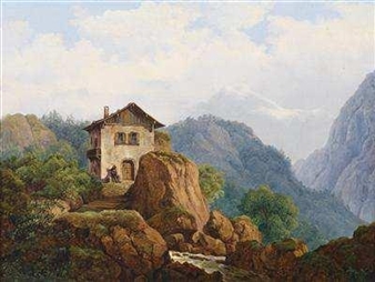 Mountain Landscape with House by a Torrent - Franz Thiel