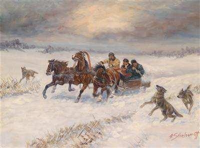 Troika in the Snow on a Wolf Hunt by Athanas Ivanovich Scheloumoff