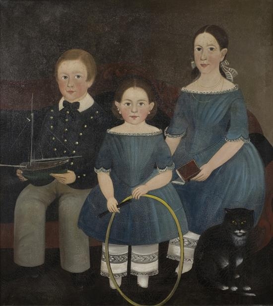 Artwork by Sturtevant J. Hamblin, PORTRAIT OF THREE BROWN FAMILY CHILDREN WITH BOAT, HOOP AND CAT, Made of oil on canvas