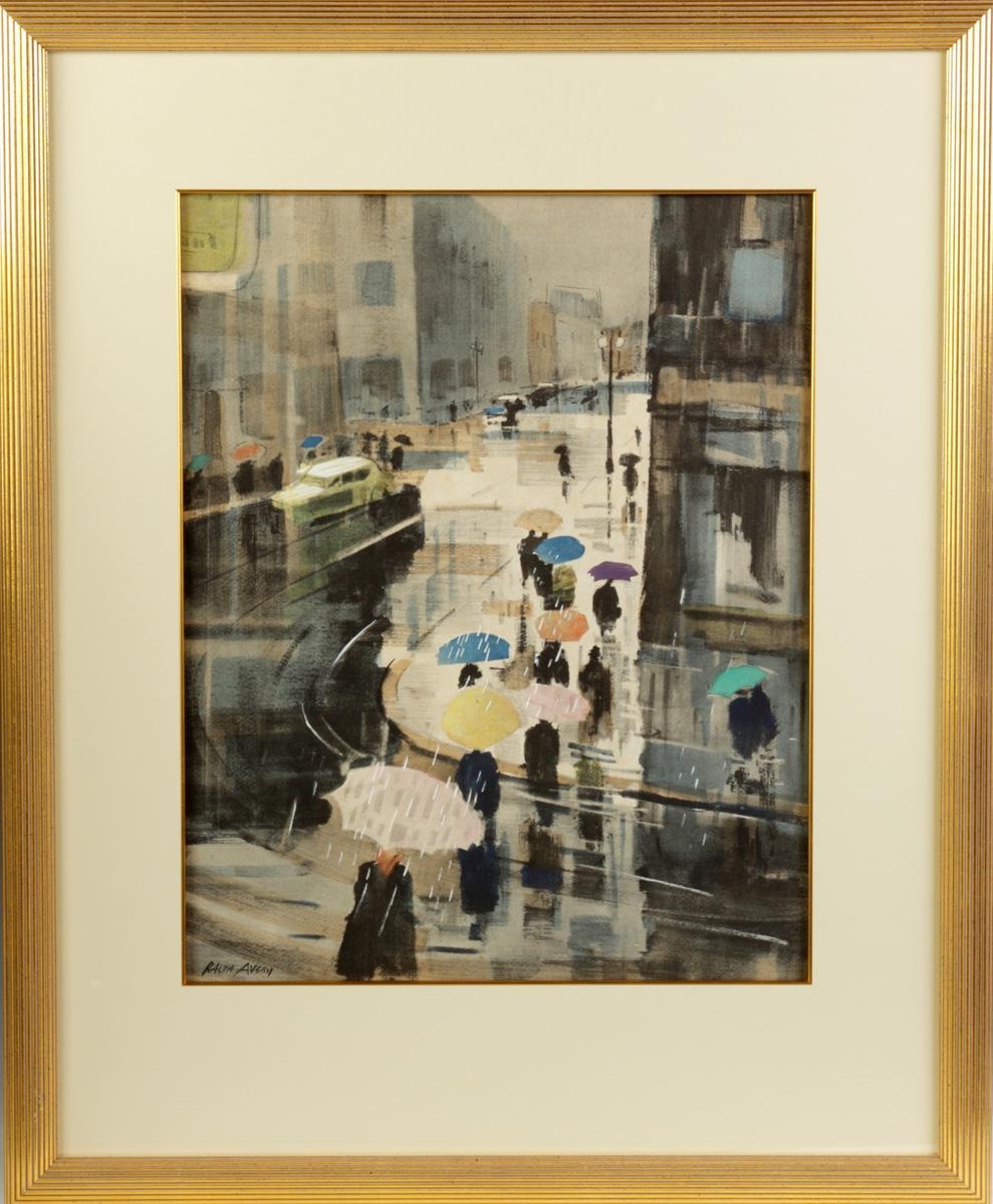 Artwork by Ralph Avery, Rainy street scene, Made of Watercolor