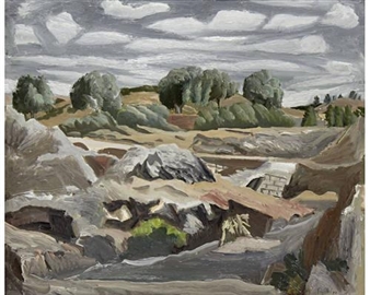 A rocky river landscape under a cloudy sky with distant trees.