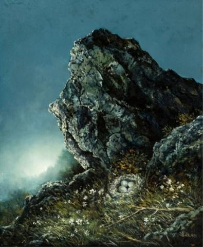 A dramatic painting of a rugged rock formation with a bird's nest containing three eggs nestled at its base.